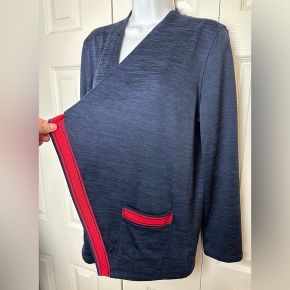 New T by TALBOTS Cardigan Sweater Blue Red Stripe Trim Open Cascading Draped - Picture 4 of 9